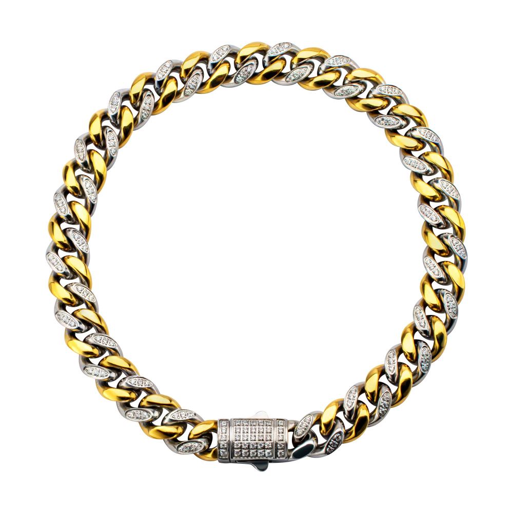 INOX Two Tone 8mm IP-Gold-Plated Stainless Steel Miami Cuban Chain CZ Bracelet
