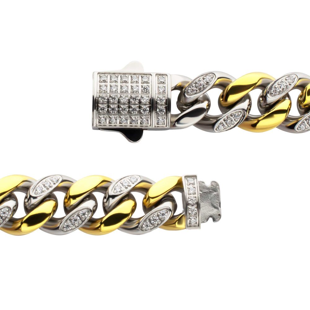 INOX Two Tone 8mm IP-Gold-Plated Stainless Steel Miami Cuban Chain CZ Bracelet