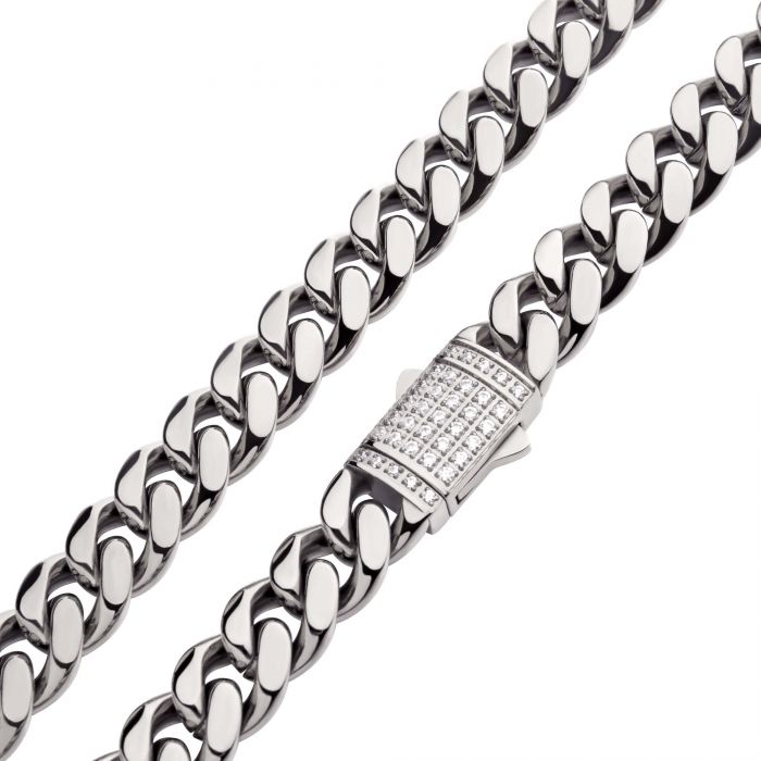 INOX Stainless Steel 22" Miami Cuban Chain Necklace with CZ Double Tab Box Clasp