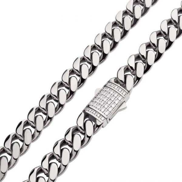 INOX Stainless Steel 24" Miami Cuban Chain Necklace with CZ Double Tab Box Clasp