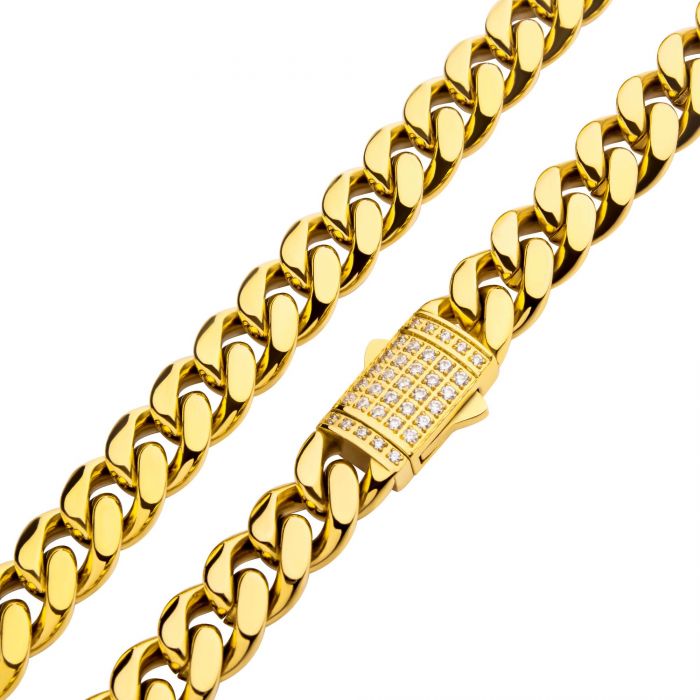 INOX Stainless Steel 10mm 18K Gold 24" IP Miami Cuban Chain Necklace with CZ Double Tab Box Clasp