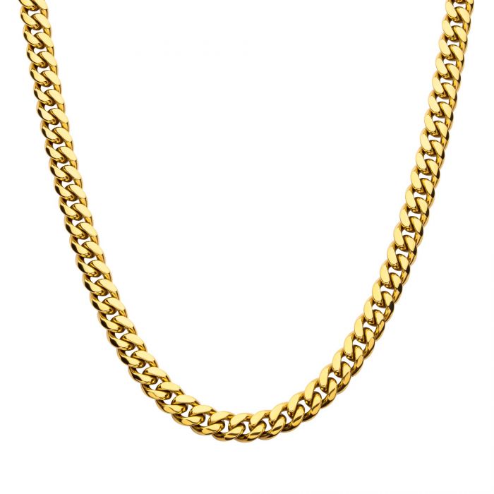 INOX Stainless Steel 8mm 18K Gold Plated Miami Cuban Chain-CZ Clasp-24"