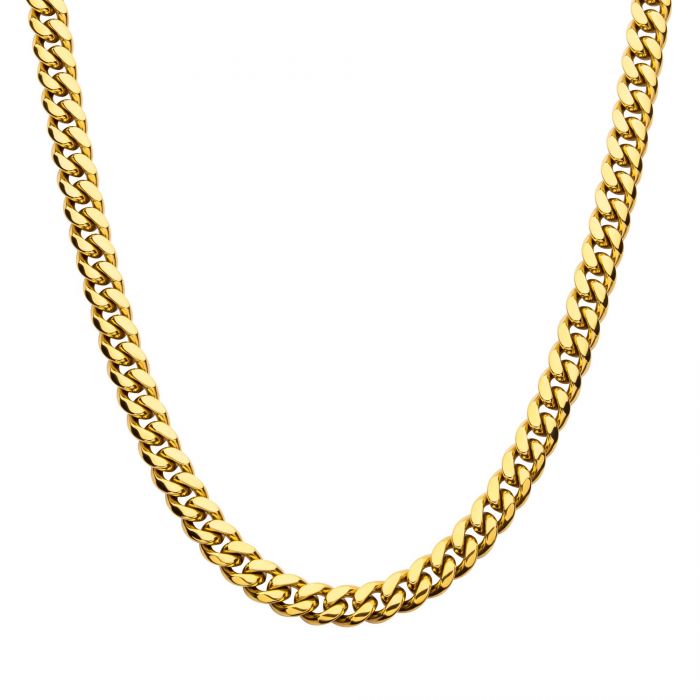 INOX Stainless Steel 8mm 18K Gold Plated 24" Miami Cuban Chain-CZ Clasp