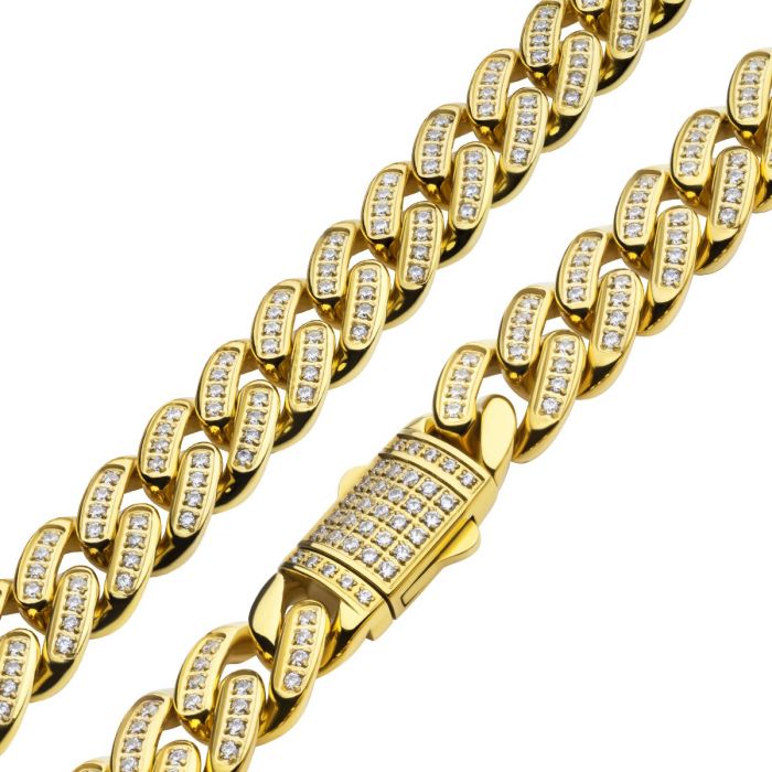Men's 24" Stainless Steel Barber Pole Necklace – Gold Plated Cuban Link Chain With CZ