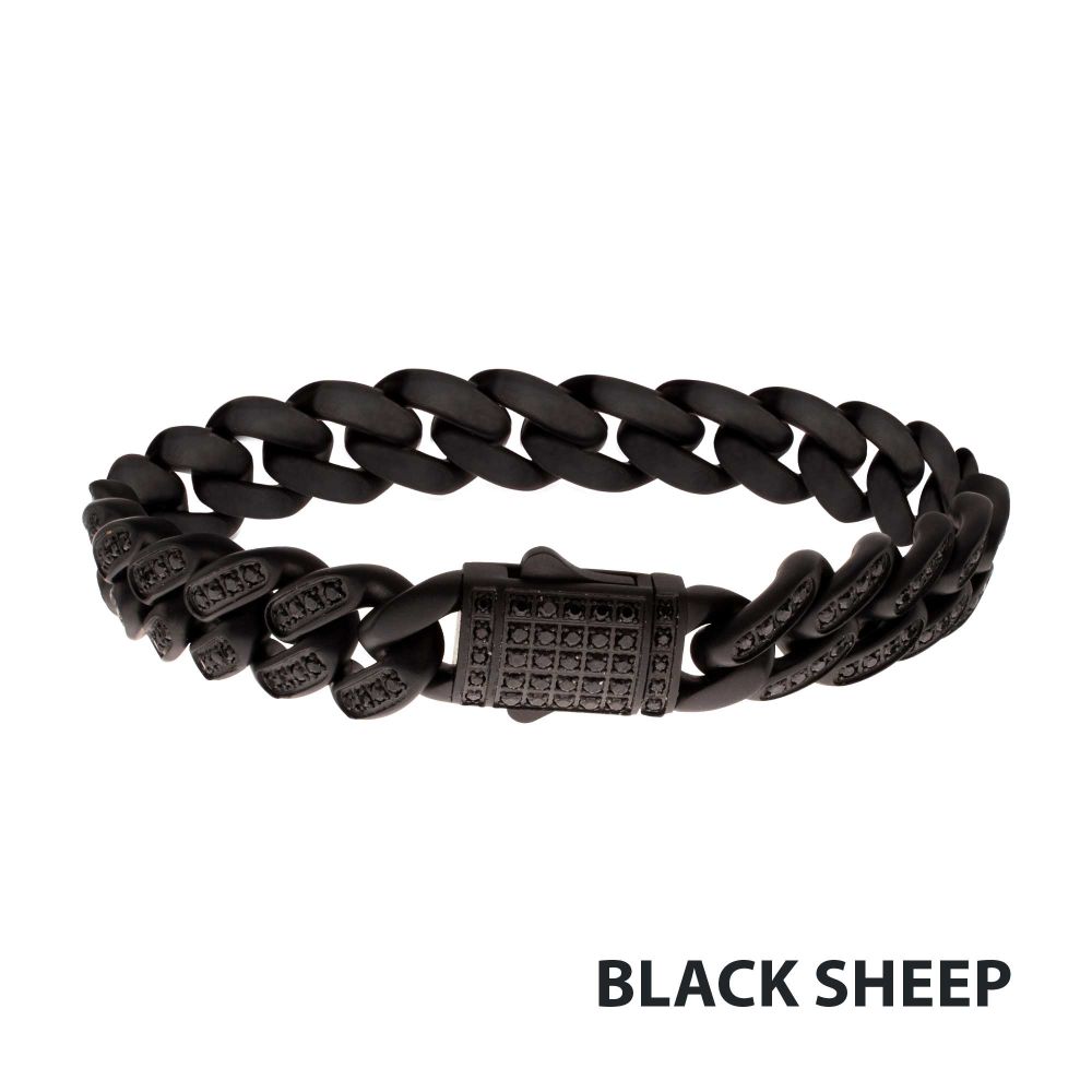 Back View INOX 12mm Matte Black Cuban Bracelet with CNC-set Black Spinel Stones