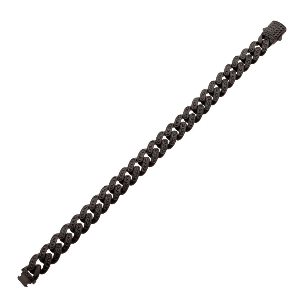 Length View INOX 12mm Matte Black Cuban Bracelet with CNC-set Black Spinel Stones