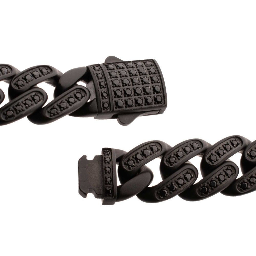 Additional Clasp View INOX 12mm Matte Black Cuban Bracelet with CNC-set Black Spinel Stones