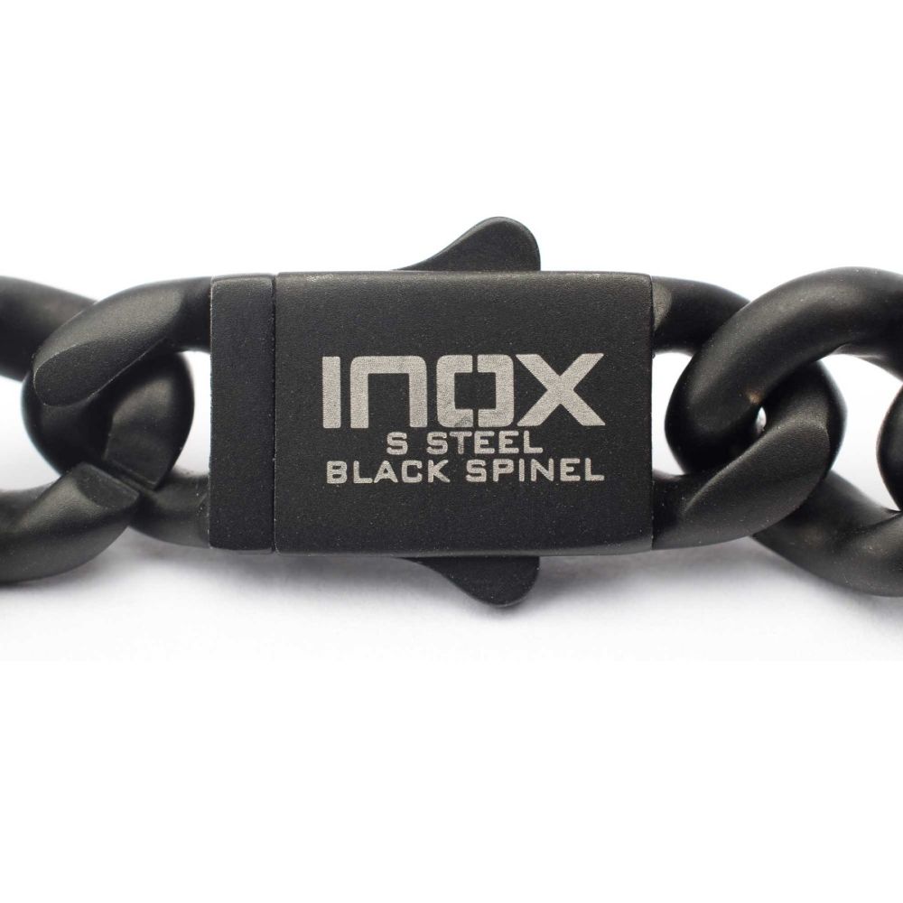 Back of Clasp View INOX 12mm Matte Black Cuban Bracelet with CNC-set Black Spinel Stones