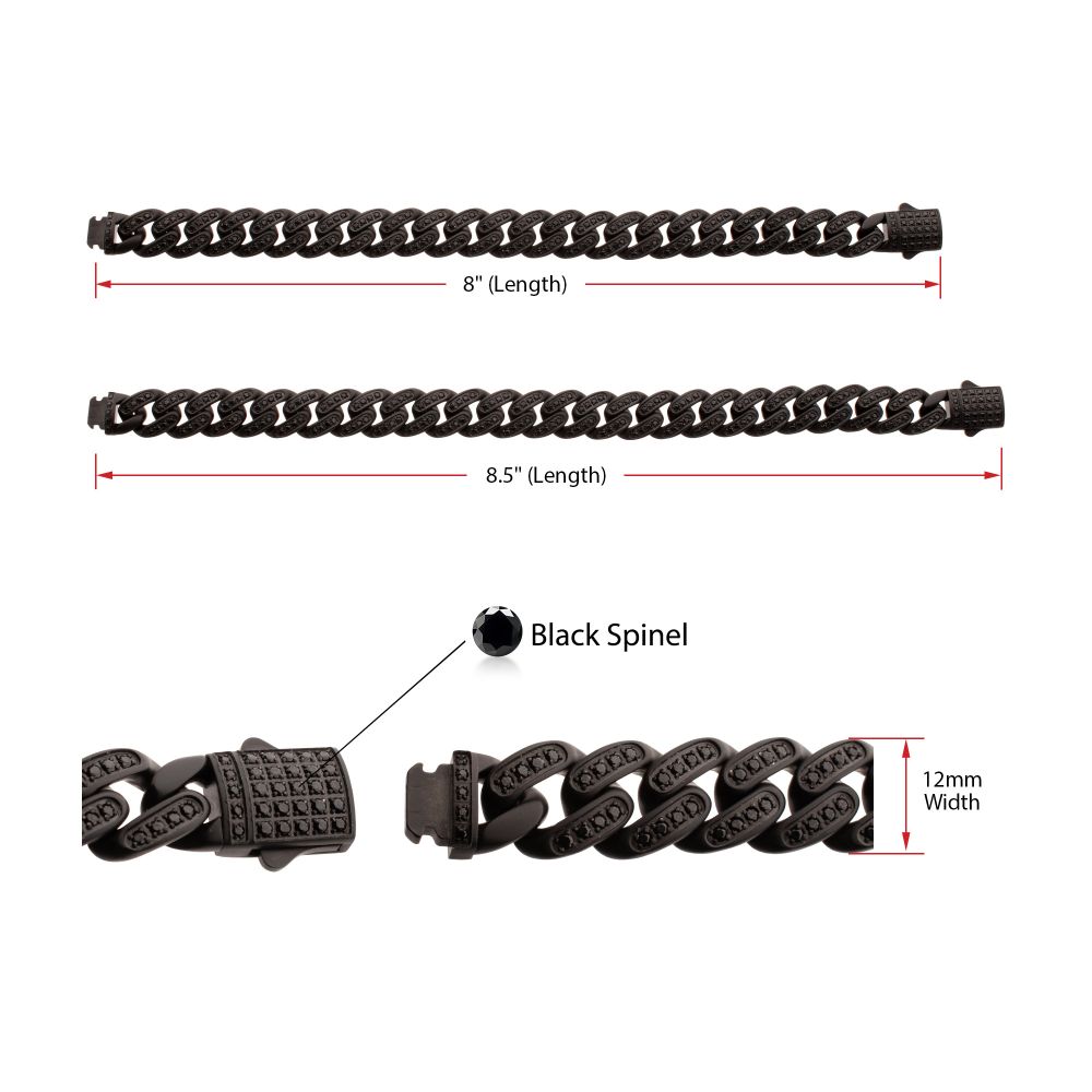 Measurement View INOX 12mm Matte Black Cuban Bracelet with CNC-set Black Spinel Stones