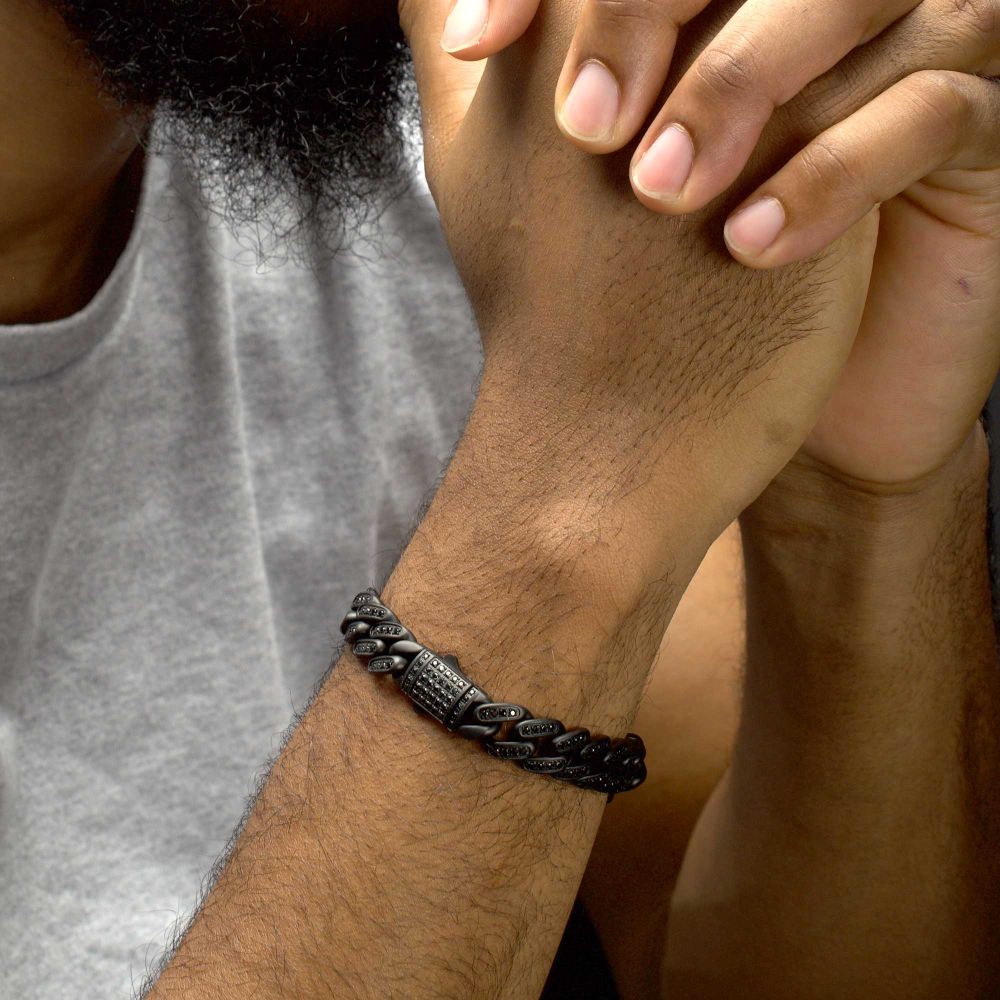 Arm View INOX 12mm Matte Black Cuban Bracelet with CNC-set Black Spinel Stones