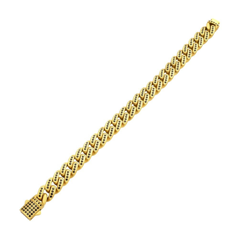 INOX 12mm IP-Gold-Plated Steel Cuban Bracelet with CNC-set Black Spinel Stones