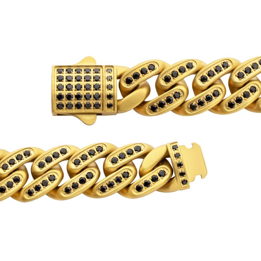 INOX 12mm IP-Gold-Plated Steel Cuban Bracelet with CNC-set Black Spinel Stones