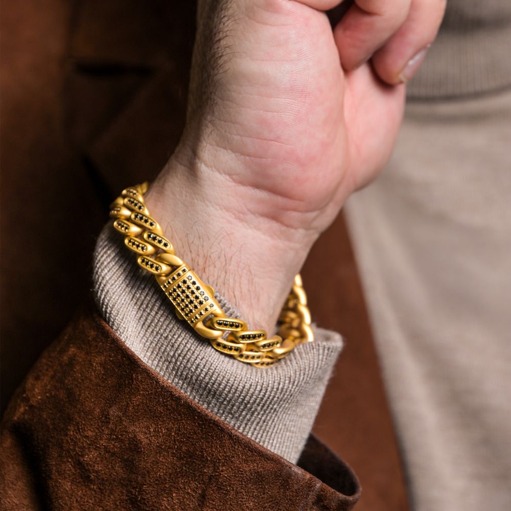 INOX 12mm IP-Gold-Plated Steel Cuban Bracelet with CNC-set Black Spinel Stones