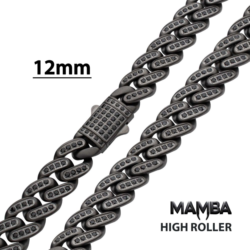 INOX 12mm Gun Metal IP-Plated Steel Miami Cuban with Black Spinel Chain 22" Necklace
