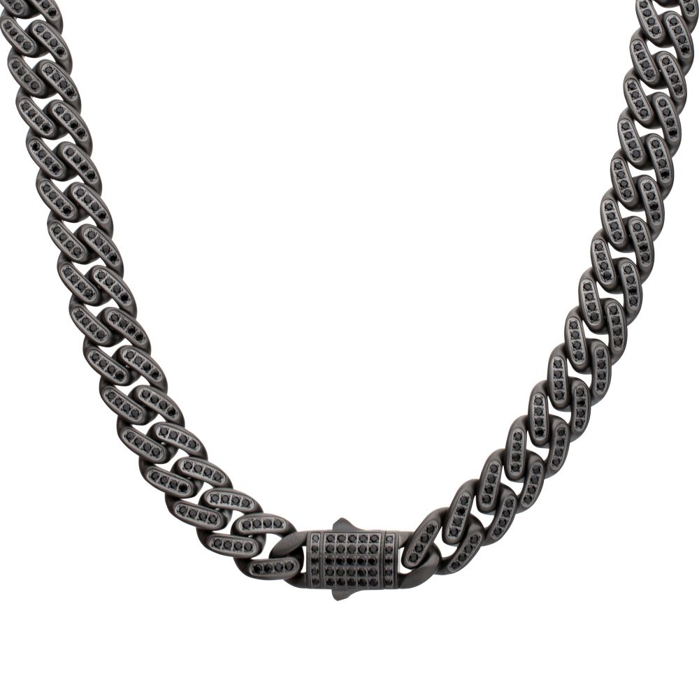 INOX 12mm Gun Metal IP-Plated Steel Miami Cuban with Black Spinel Chain 22" Necklace