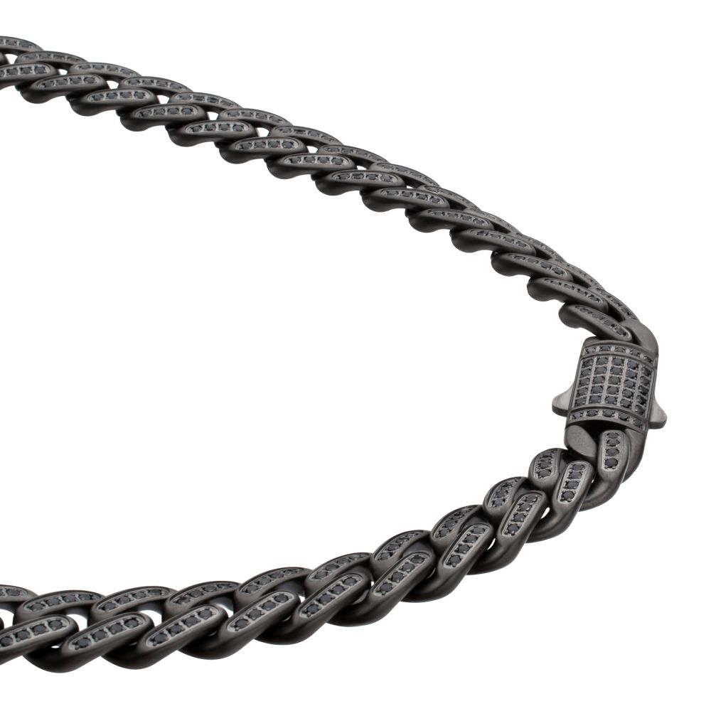 INOX 12mm Gun Metal IP-Plated Steel Miami Cuban with Black Spinel Chain 22" Necklace