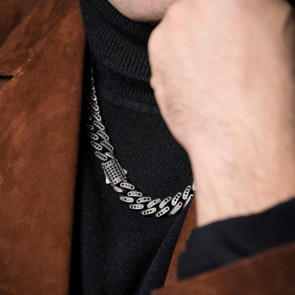 INOX 12mm Gun Metal IP-Plated Steel Miami Cuban with Black Spinel Chain 22" Necklace