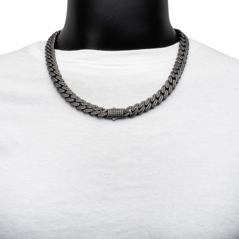 INOX 12mm Gun Metal IP-Plated Steel Miami Cuban with Black Spinel Chain 22" Necklace
