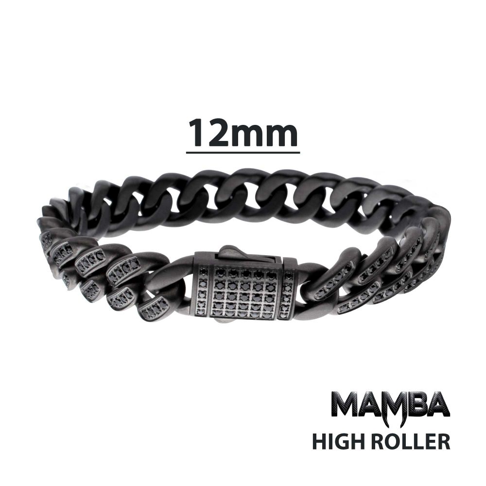 INOX 12mm Matte Gun Metal IP-Plated Steel Miami Cuban 8" Bracelet with Black Spinel Stones