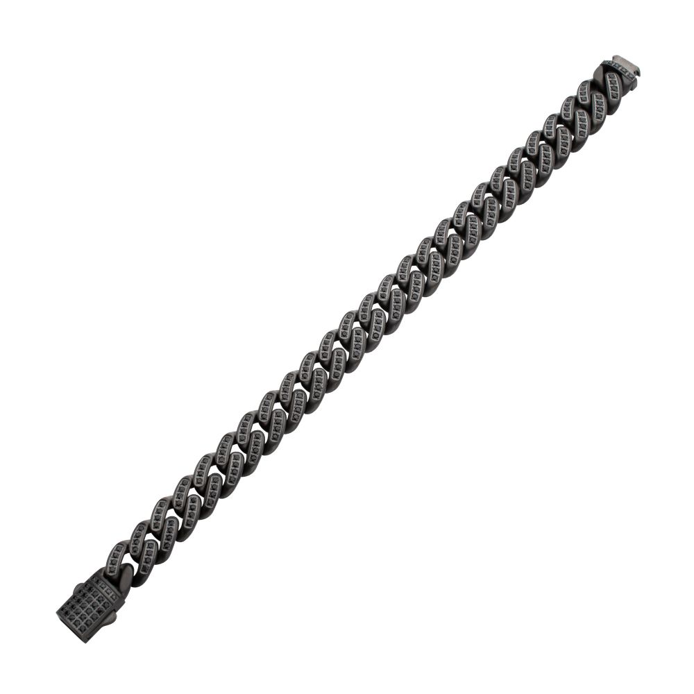 INOX 12mm Matte Gun Metal IP-Plated Steel Miami Cuban 8" Bracelet with Black Spinel Stones