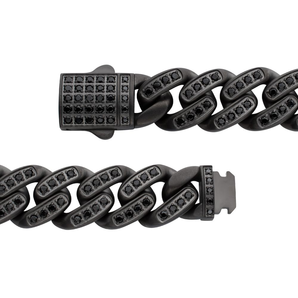 INOX 12mm Matte Gun Metal IP-Plated Steel Miami Cuban 8" Bracelet with Black Spinel Stones