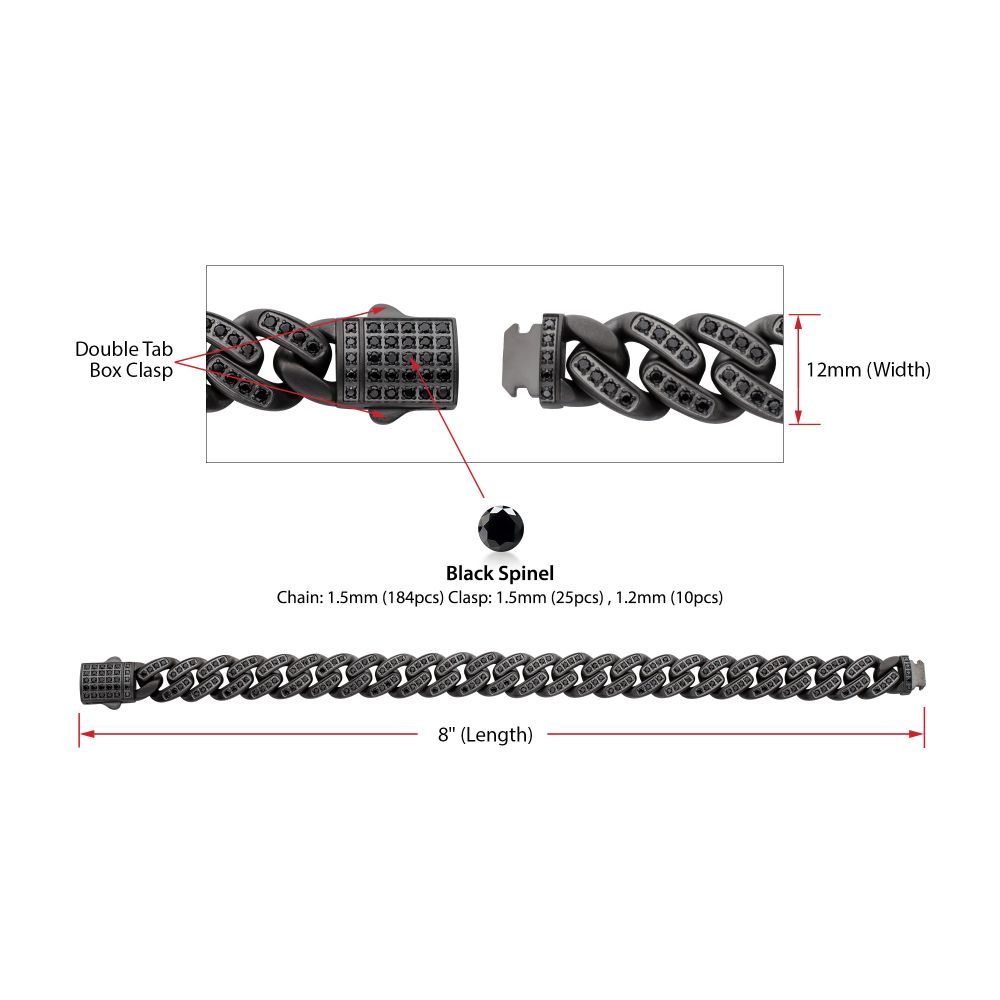 INOX 12mm Matte Gun Metal IP-Plated Steel Miami Cuban 8" Bracelet with Black Spinel Stones