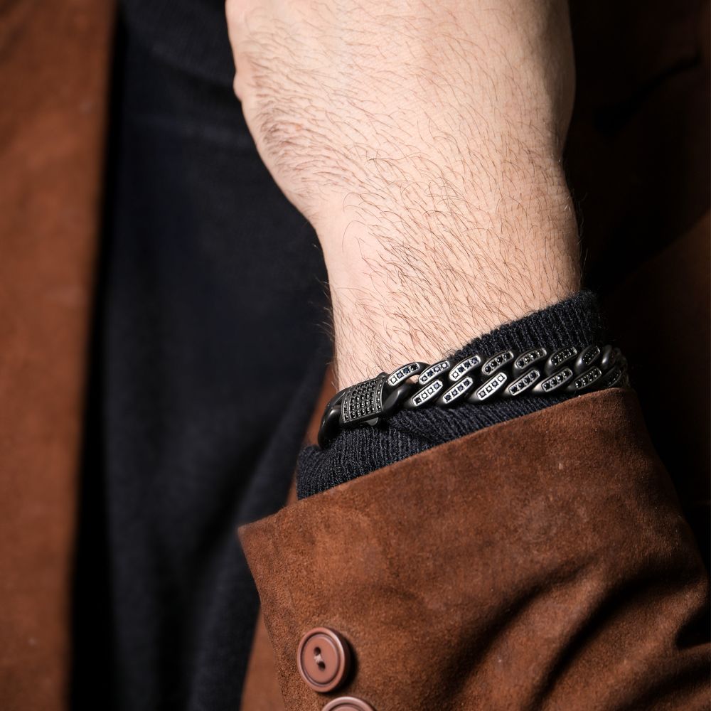 INOX 12mm Matte Gun Metal IP-Plated Steel Miami Cuban 8" Bracelet with Black Spinel Stones