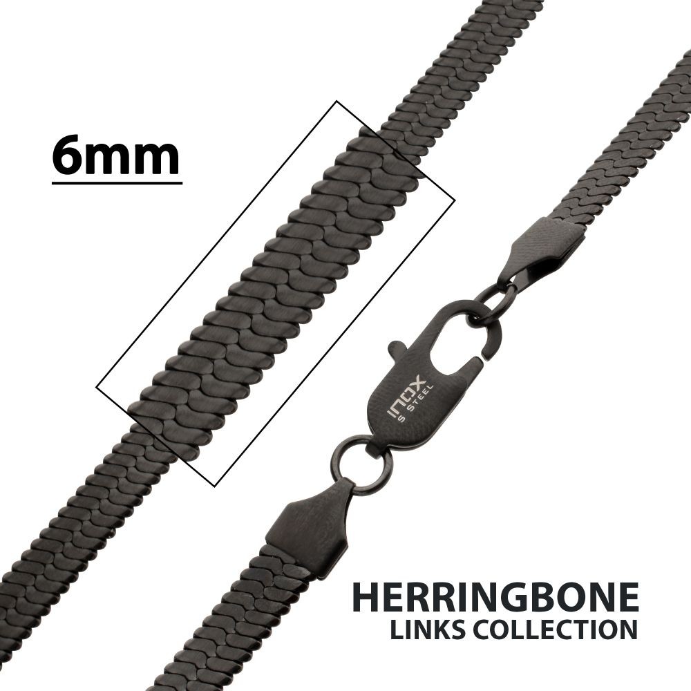 INOX Matte Black IP-Plated Stainless Steel 6MM Herringbone Chain 22" Necklace