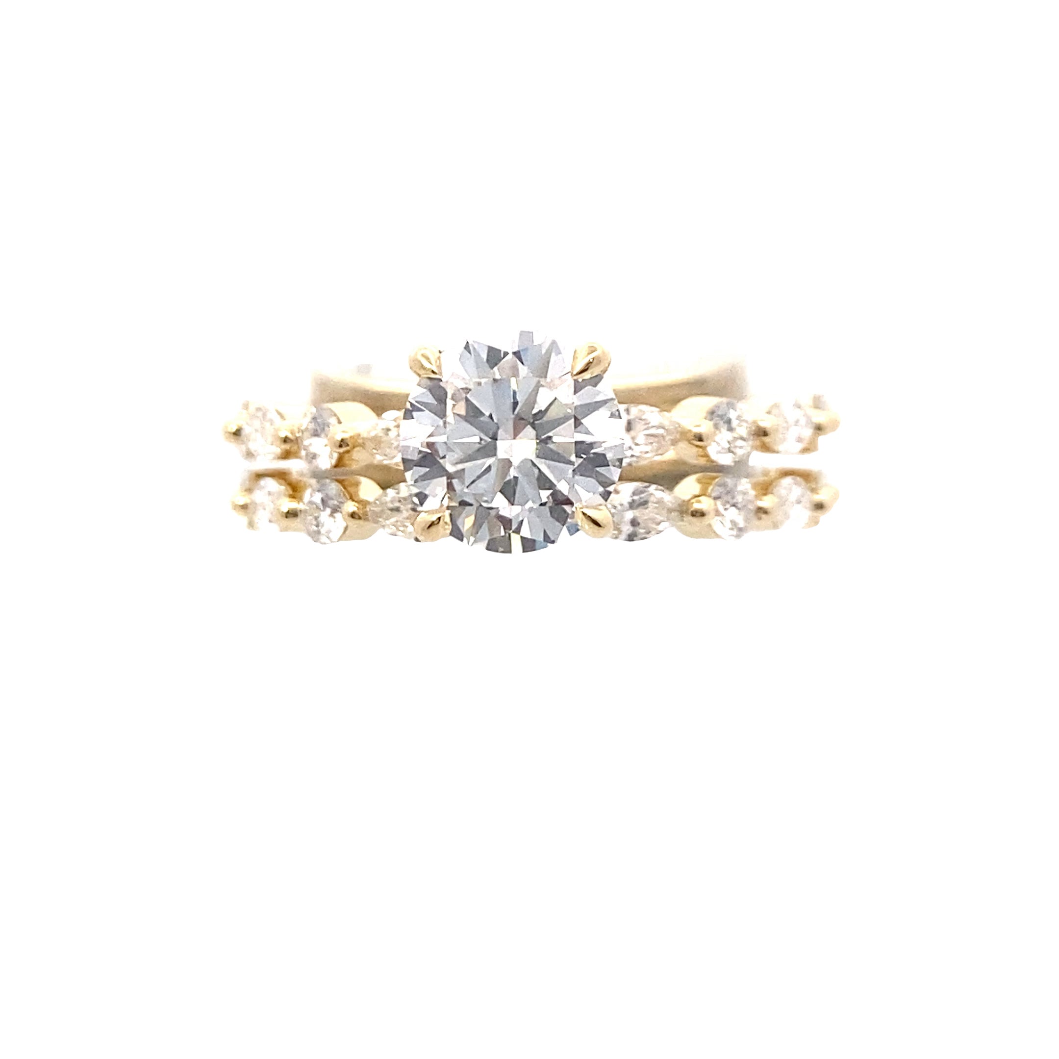 14K Yellow Gold 1-1/2CT. Round Lab-Grown Diamond Marquise & Round Accented Engagment Ring & Wedding Band Set