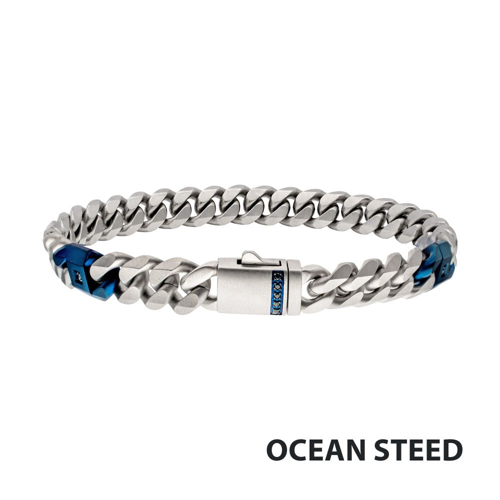 INOX Matte Stainless Steel and Blue IP-Plated Black Sapphire Accented 6MM Miami Cuban 8" Bracelet