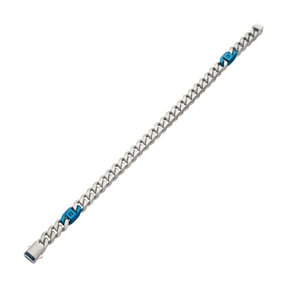 INOX Matte Stainless Steel and Blue IP-Plated Black Sapphire Accented 6MM Miami Cuban 8" Bracelet