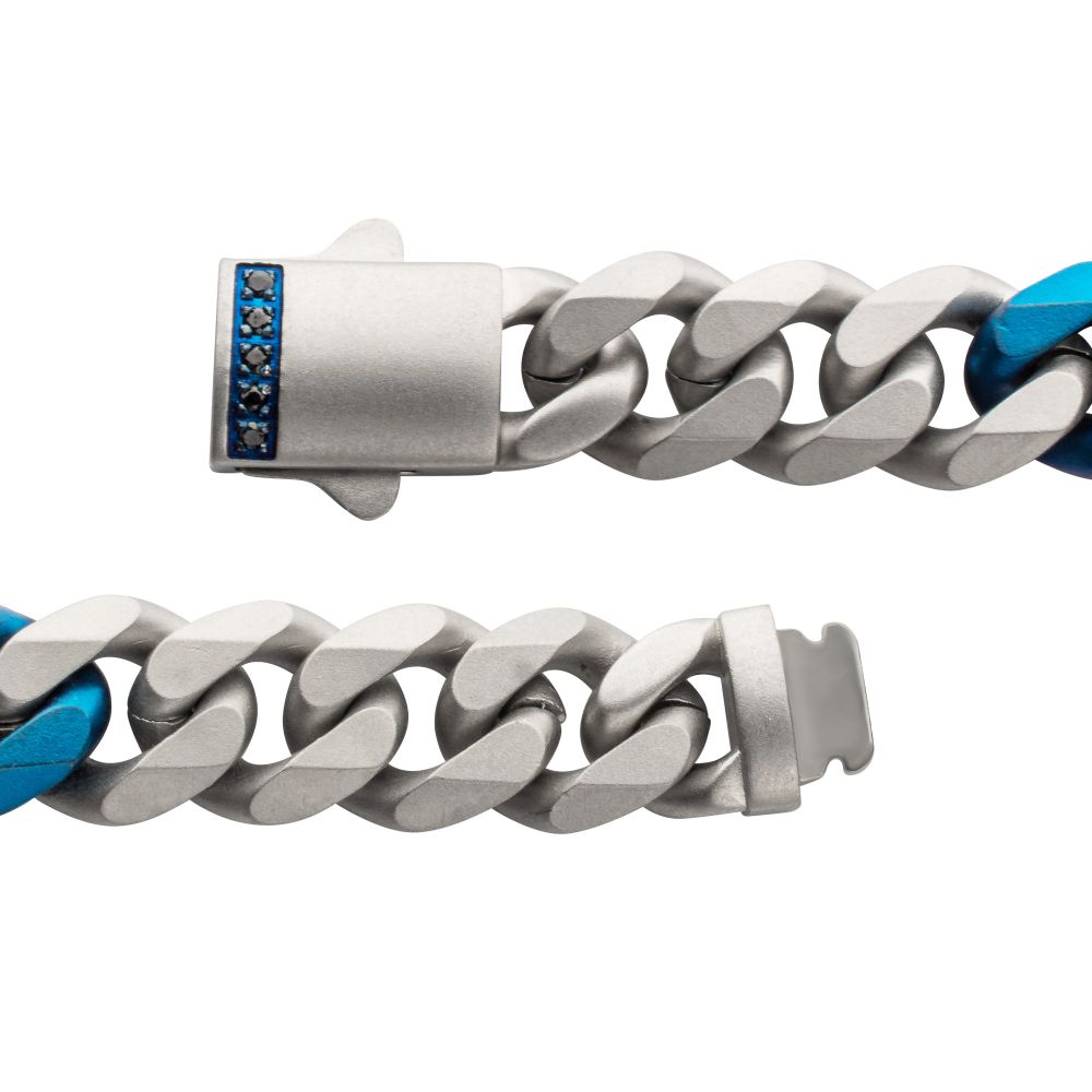 INOX Matte Stainless Steel and Blue IP-Plated Black Sapphire Accented 6MM Miami Cuban 8" Bracelet