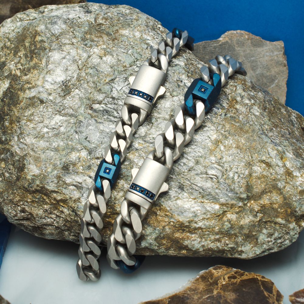 INOX Matte Stainless Steel and Blue IP-Plated Black Sapphire Accented 6MM Miami Cuban 8" Bracelet