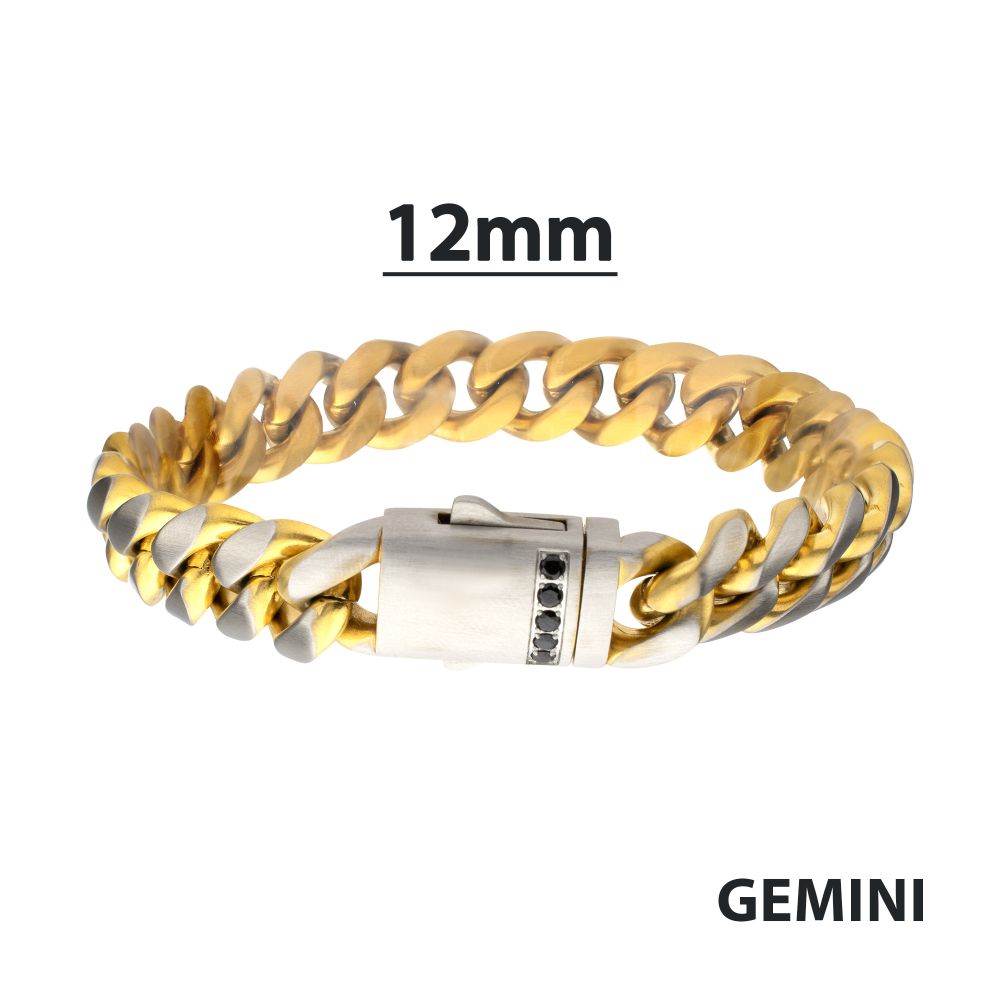 INOX Reversible IP-Gold-Plated and Stainless Steel 12mm Cuban Bracelet with Black Sapphire Accented Clasp