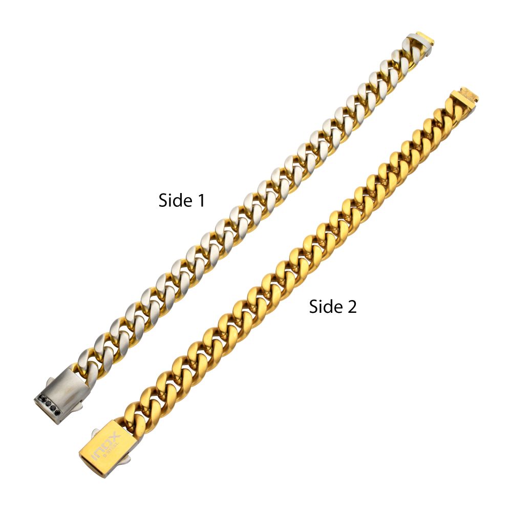 INOX Reversible IP-Gold-Plated and Stainless Steel 12mm Cuban Bracelet with Black Sapphire Accented Clasp