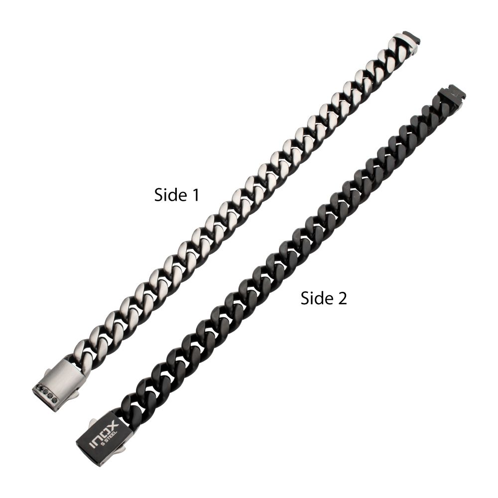 INOX Reversible Black IP-Plated and Stainless Steel 12mm Cuban Bracelet with Black Sapphire Accented Clasp