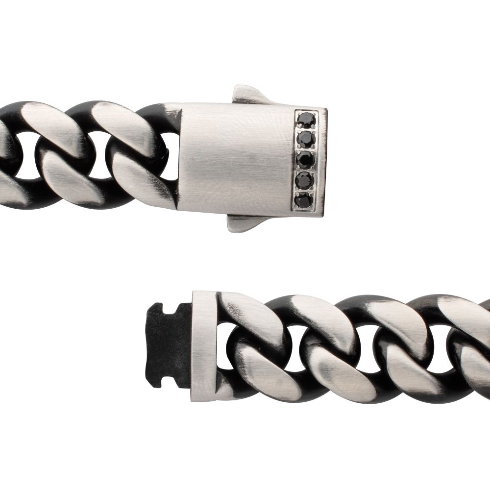 INOX Reversible Black IP-Plated and Stainless Steel 12mm Cuban Bracelet with Black Sapphire Accented Clasp