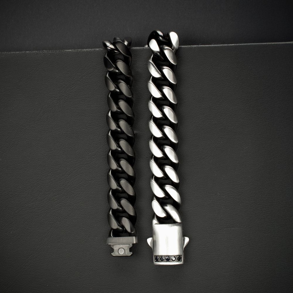 INOX Reversible Black IP-Plated and Stainless Steel 12mm Cuban Bracelet with Black Sapphire Accented Clasp