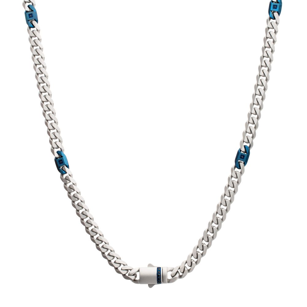 INOX Matte Stainless Steel and Blue IP-Plated Black Sapphire Accented Beveled Cuban Chain Necklace