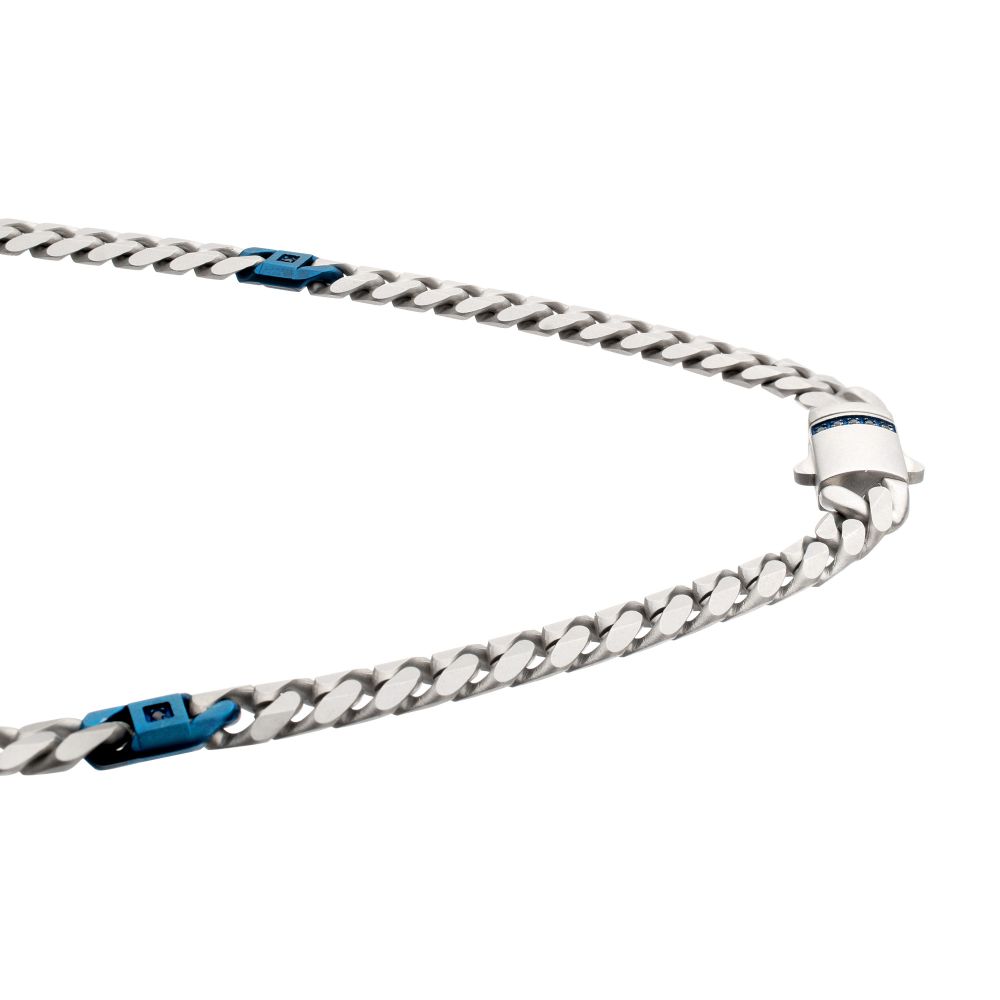 INOX Matte Stainless Steel and Blue IP-Plated Black Sapphire Accented Beveled Cuban Chain Necklace