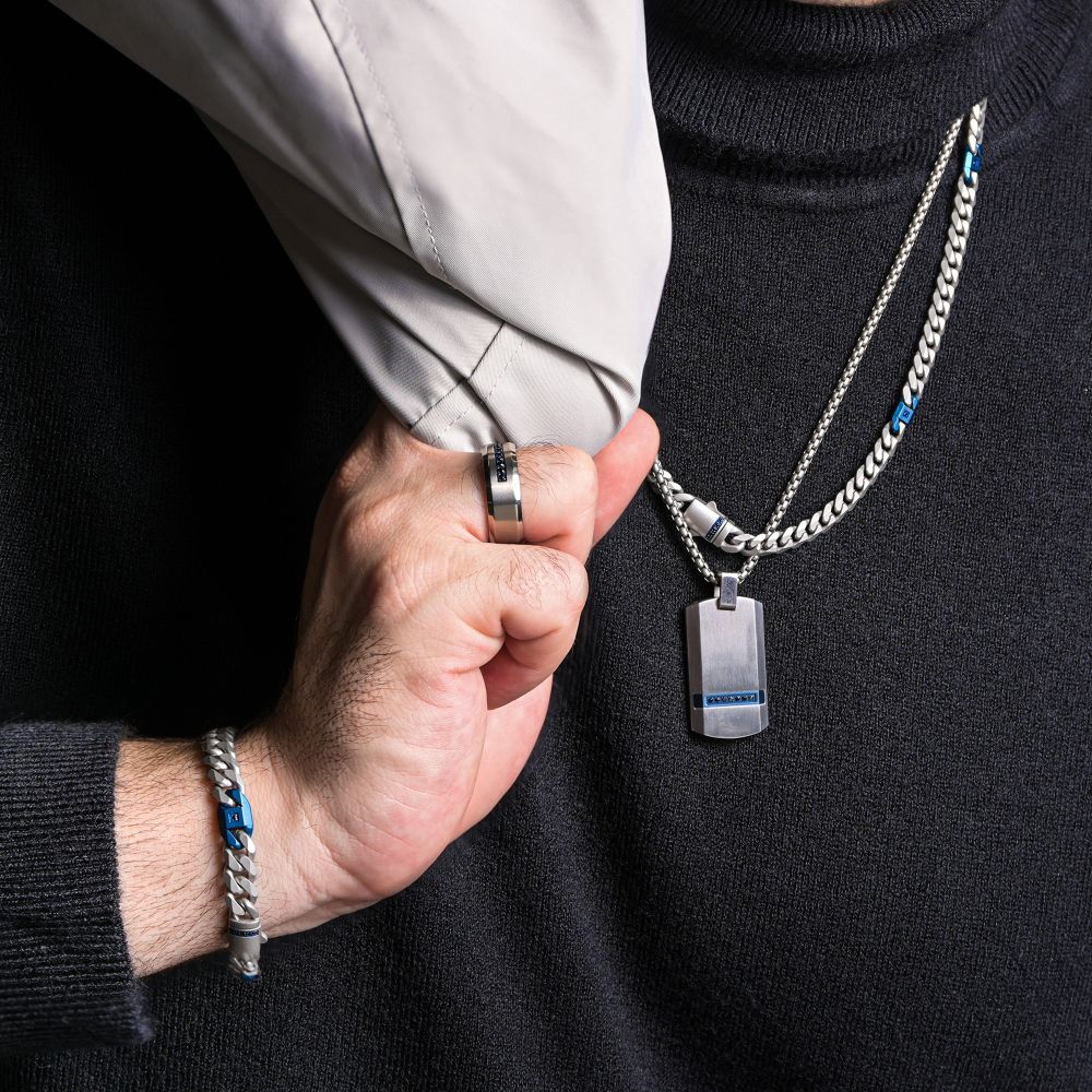 INOX Matte Stainless Steel and Blue IP-Plated Black Sapphire Accented Beveled Cuban Chain Necklace