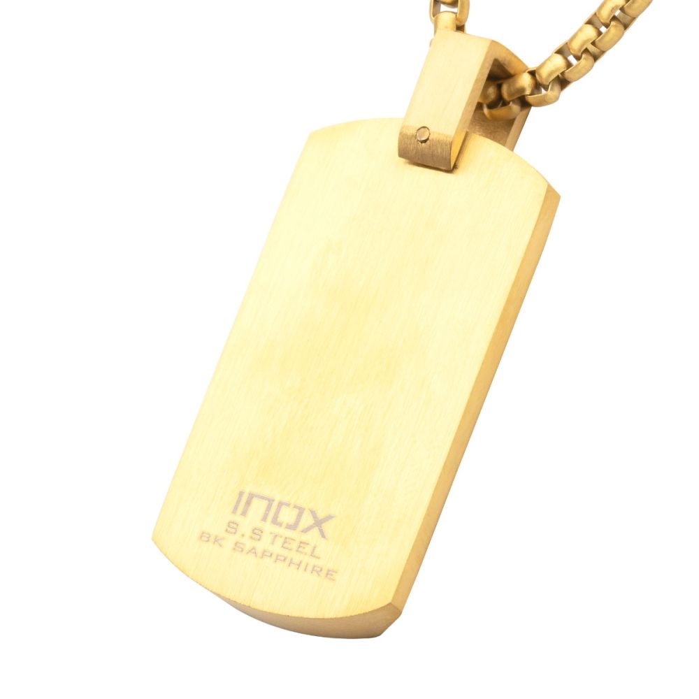 INOX 18Kt Gold IP Steel Matte Finish Dog Tag Pendant with 1.3mm Genuine Black Sapphire