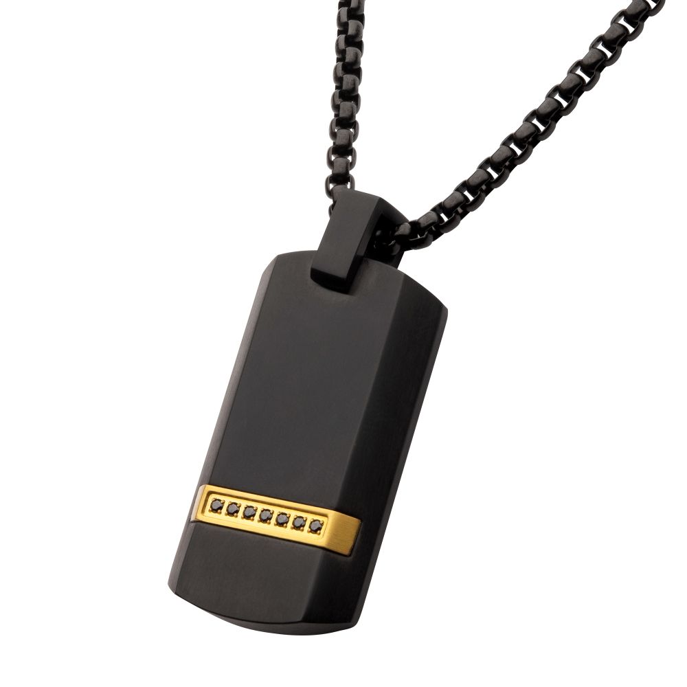 INOX Black IP Steel Genuine Black Sapphire Gem Dog Tag Pendant with Box Chain