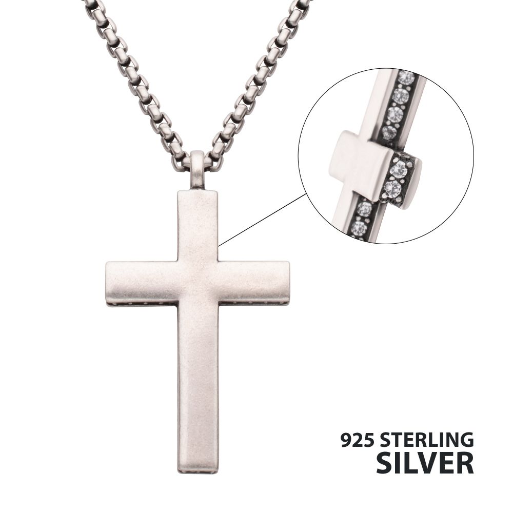 INOX INOX 925 Sterling Silver Side Gem Cross Pendant with Antiqued Finish Box Chain