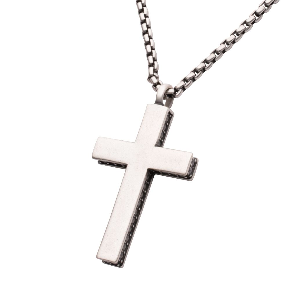 SIde View INOX 925 Sterling Silver Side Gem Cross Pendant with Antiqued Finish Box Chain