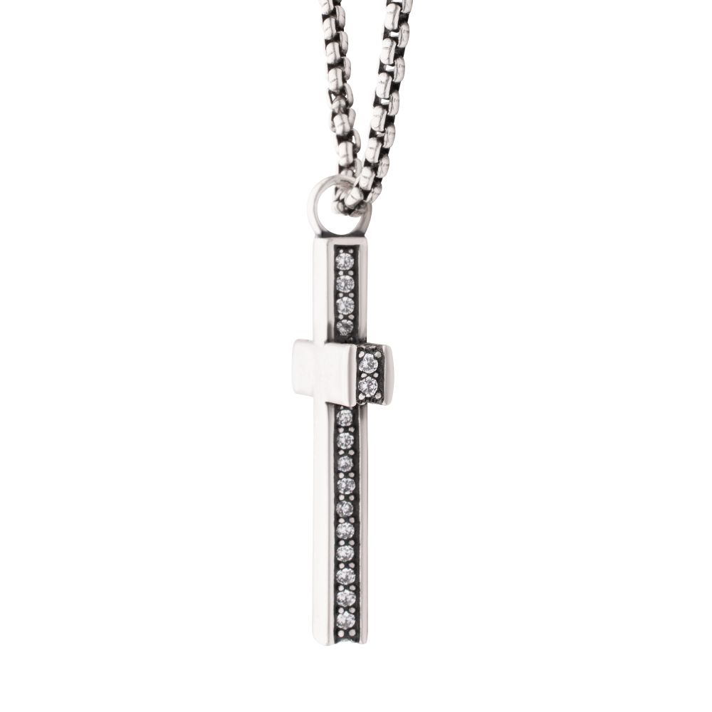 Alternate Side View INOX 925 Sterling Silver Side Gem Cross Pendant with Antiqued Finish Box Chain