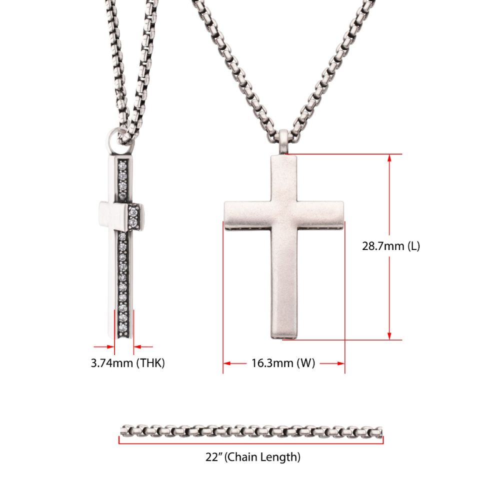 Measurement View INOX 925 Sterling Silver Side Gem Cross Pendant with Antiqued Finish Box Chain