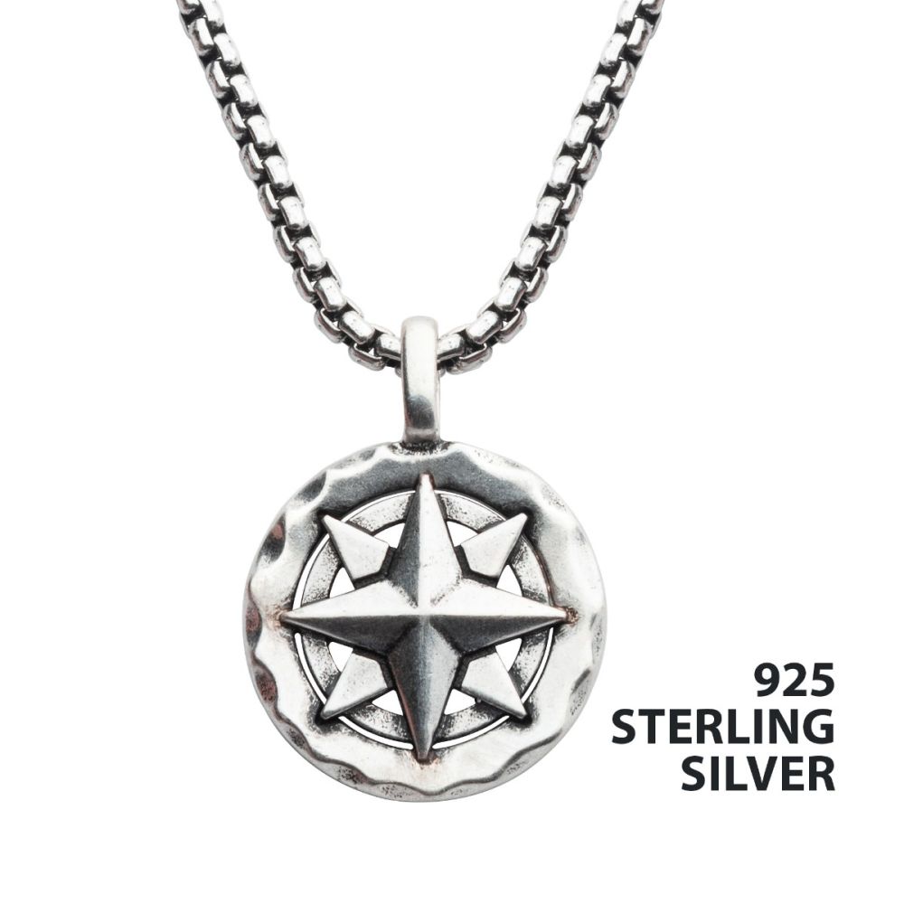 INOX 925 Silver Oxidized Compass Pendant with Box Chain