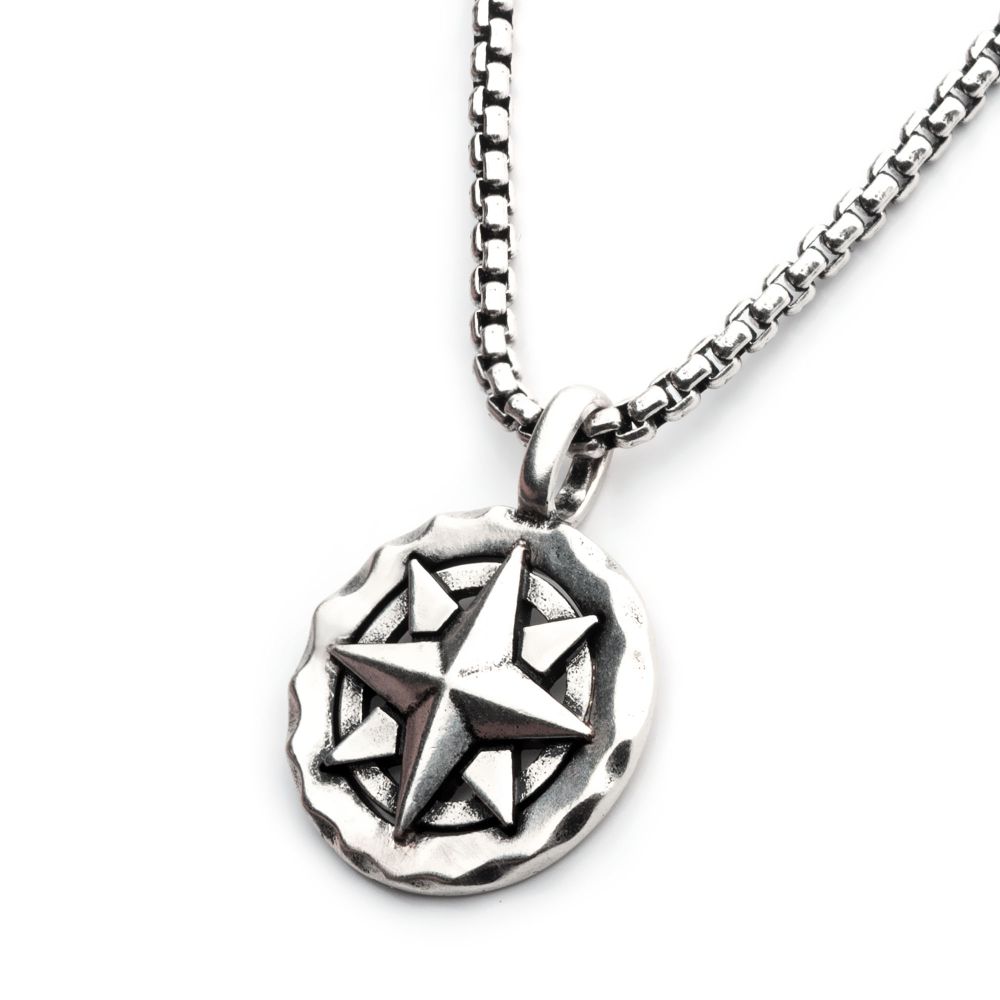 INOX 925 Silver Oxidized Compass Pendant with Box Chain