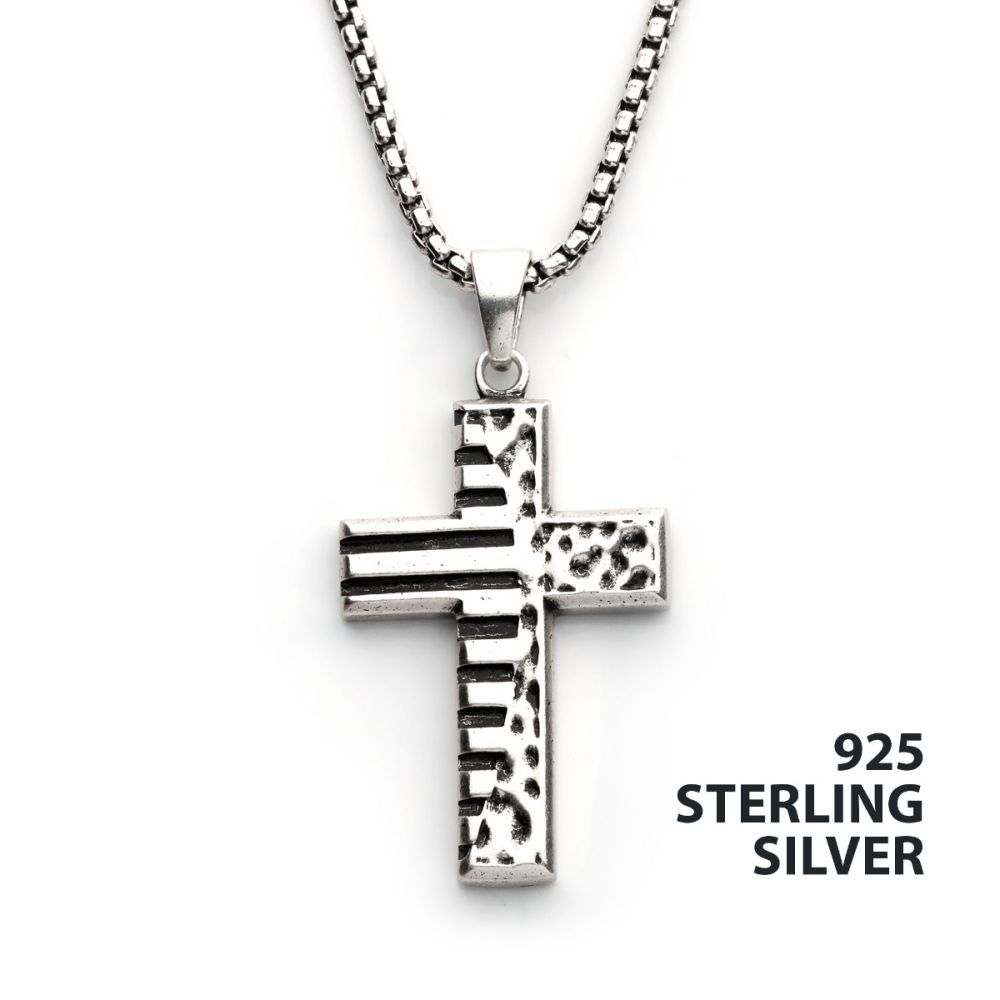  925 Silver Oxidized Coin Stamped Cross Pendant with Box Chain